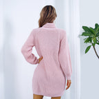 Vinter Turtleneck lång tröja klänning med knapp design fritid clinch långärmad bas tröja kvinnor