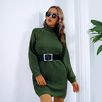 Vinter Turtleneck lång tröja klänning med knapp design fritid clinch långärmad bas tröja kvinnor