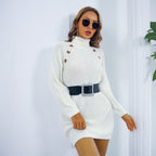 Vinter Turtleneck lång tröja klänning med knapp design fritid clinch långärmad bas tröja kvinnor