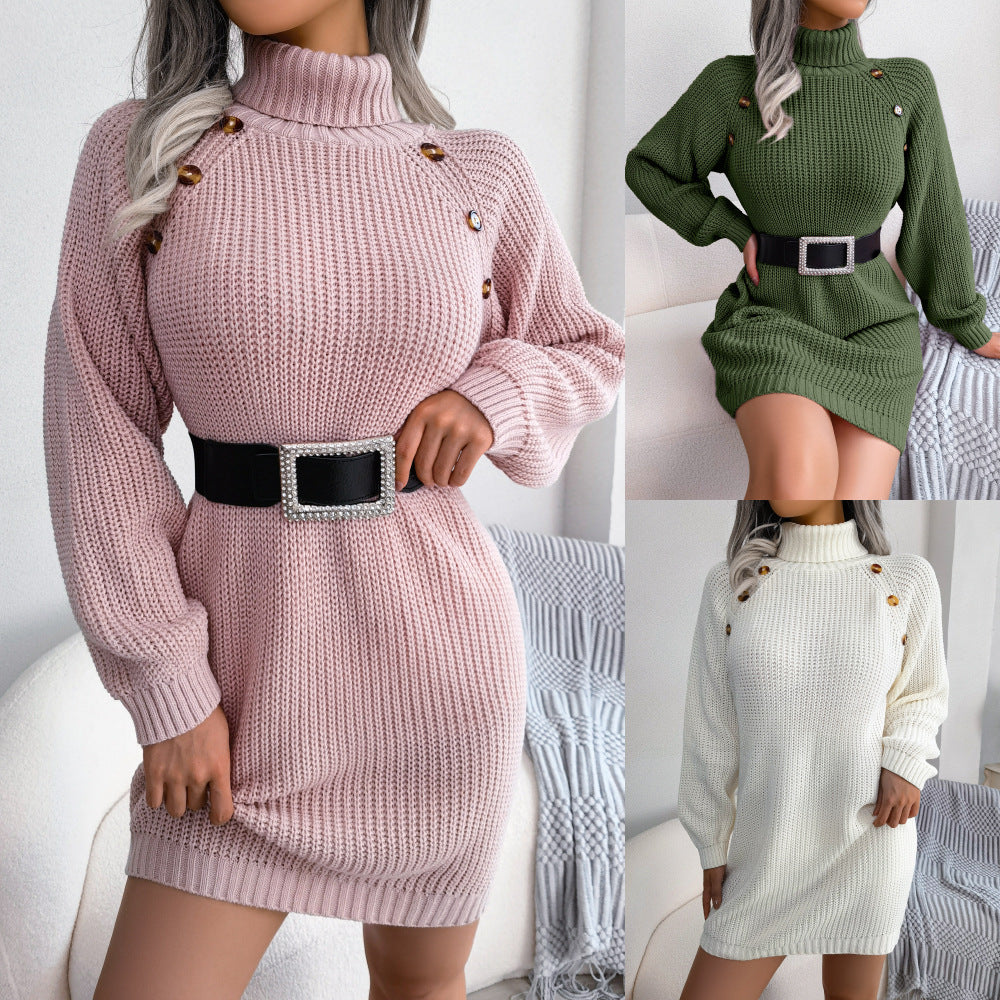 Vinter Turtleneck lång tröja klänning med knapp design fritid clinch långärmad bas tröja kvinnor